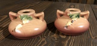 Vintage Roseville Pottery Snowberry Pair Pink Candle Holders 1cs1