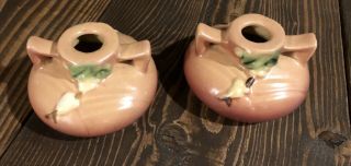 VINTAGE ROSEVILLE POTTERY SNOWBERRY PAIR PINK CANDLE HOLDERS 1CS1 2
