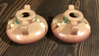 VINTAGE ROSEVILLE POTTERY SNOWBERRY PAIR PINK CANDLE HOLDERS 1CS1 3