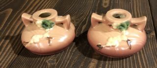 VINTAGE ROSEVILLE POTTERY SNOWBERRY PAIR PINK CANDLE HOLDERS 1CS1 4