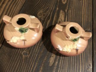 VINTAGE ROSEVILLE POTTERY SNOWBERRY PAIR PINK CANDLE HOLDERS 1CS1 5
