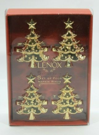 Lenox Set Of Four Napkin Rings Holder Gold Christmas Trees Holiday