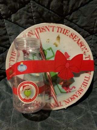 Dr.  Suess - Nwt - - The Grinch Christmas 8 " Cookie Plate & Milk Bottle Set
