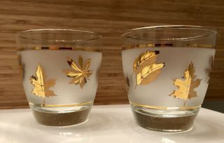 2 Libbey Mid Century Frosted Gold Leaf Rocks Cocktail Glasses Bar - ware Vintage 3