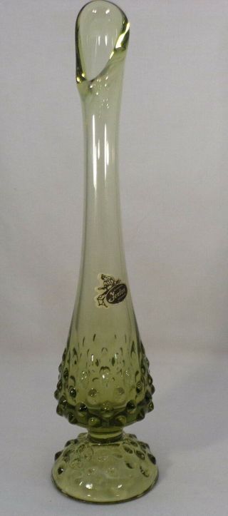 Vintage Fenton Vase Avocado Green Hobnail Base Pulled Top Sticker 10 "