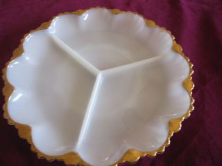 Vintage White Milk Glass Divided Serving Relish Plate 10 " Gold Trim