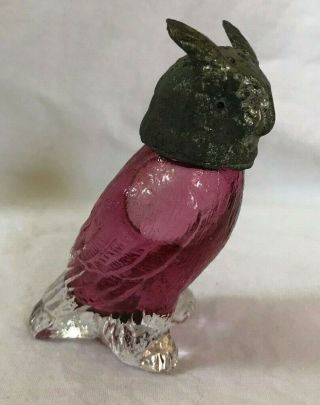 Antique Victorian Eapg Cased Glass & Pewter Figural Owl Salt Pepper Shaker