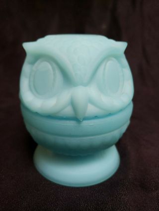 Fenton Owl Fairy Lamp 2 - Piece Blue Satin Glass 3.  75 " Tall Note Flaws