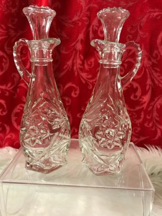 Vintage Cruets Set/2 Star Of David Pressed Glass Oil And Vinegar With Stoppers