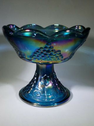 Iridescent Blue Carnival Glass Candle Holder With Harvest Grapes Design