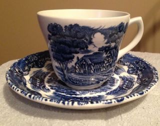 Grindley Blue English Country Inns Cup & Saucer Set Staffordshire England