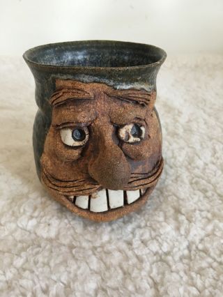 Pottery Face Ugly Coffee Mug Handlebar Mustache & Big Teeth Signed By Roger 12oz