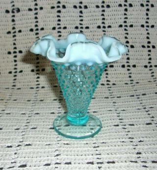 Vintage Fenton Glass Turquoise Blue Opalescent Fluted Hobnail Vase