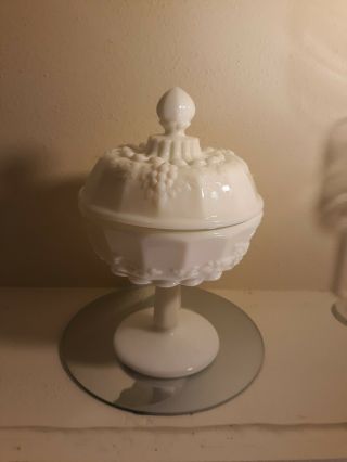 Vintage Milk Glass Covered Footed Candy Dish With Lid Grape Pattern
