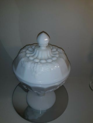 Vintage Milk Glass Covered Footed Candy Dish with Lid Grape Pattern 2