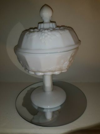 Vintage Milk Glass Covered Footed Candy Dish with Lid Grape Pattern 5