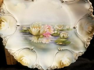 OLD RS PRUSSIA HAND PAINTED REFLECTING WATER LILY PLATE STUNNING RedMr 3