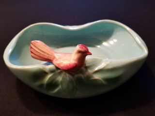 Mccoy Pottery Blue Oval Planter With Red/pink Bird