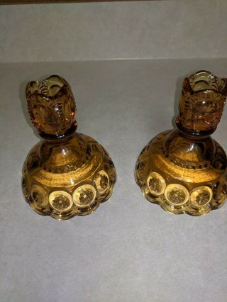 Vintage L.  E.  Smith Moon And Stars Amber Approx.  5 " High (2) Candle Holders
