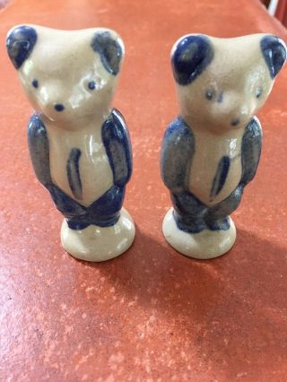 Beaumont Brothers Pottery Bbp Salt Glazed 3.  5 " Blue & Brown Bear Pair