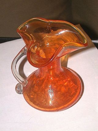 Vintage Small Hand Blown Blenko orange Crackle Glass Pitcher 3.  5 Inches 2