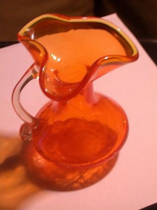 Vintage Small Hand Blown Blenko orange Crackle Glass Pitcher 3.  5 Inches 3