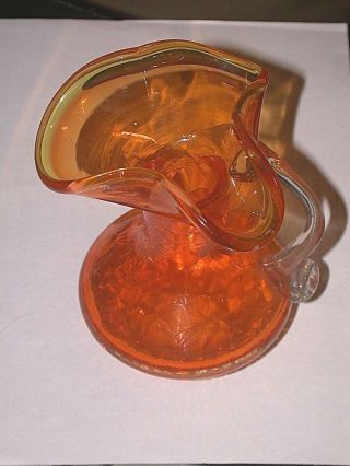Vintage Small Hand Blown Blenko orange Crackle Glass Pitcher 3.  5 Inches 5