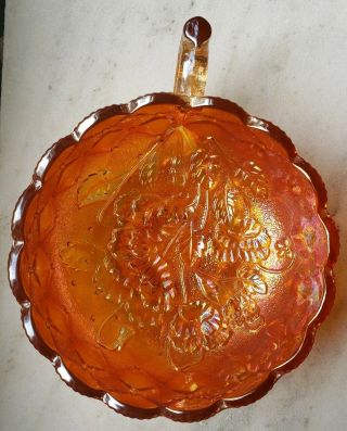 Vintage Signed Imperial Glass Iridescent Carnival Nappy Pansy Handled Bowl Dish