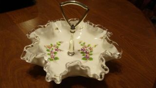 Fenton Silver Crest Candy Dish Vintage Hand Painted Violets With Handle 8 " Diam