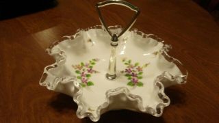 Fenton Silver Crest Candy Dish Vintage Hand Painted Violets with Handle 8 