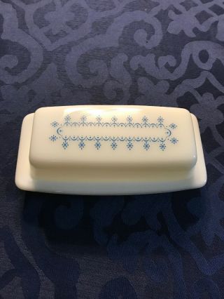 Vintage Pyrex Butter Dish With Lid Snowflake Garland Glass Blue White 72 - B 20