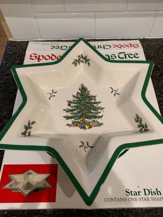 Nib Spode Christmas Tree 12 " Star Dish With Green Trim Made In England
