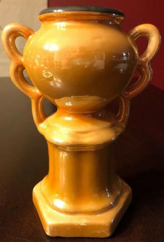 Vintage Czech Iridescent Gold Lusterware Tri - Handle Porcelain Vase W/black Trim