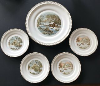 Currier And Ives Winter Scenes Large Plate And 4 Smaller Plates Harkerware Usa