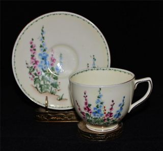 Crown Staffordshire,  F13501,  Pink & Blue Hollyhock W/green Band Cup & Saucer Set