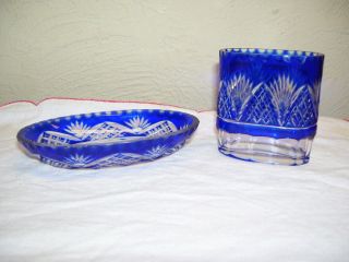 Blue Cut To Clear Oval Bowl/dish - 4 3/8 " Long & Toothpick - 2 5/8 " Tall