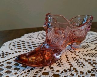Vintage Fenton Pink Cabbage Rose Slipper Shoe Art Glass