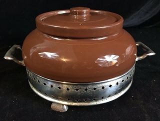 Vintage Stoneware Pottery Brown Glaze Bean Pot W/ Metal Base & Lid