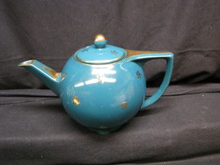 Vintage Hall 6 Cup Blue With Gold Trim Tea Pot With Lid