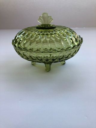 Vintage Green Glass Candy Jar W Lid Footed Bowl Thumb Print Pattern