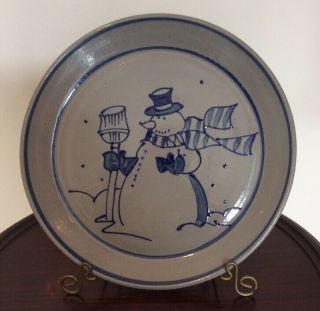 Vintage Beaumont Brothers Pottery Bbp Salt Glazed Plate Snowman Cobalt Decorated
