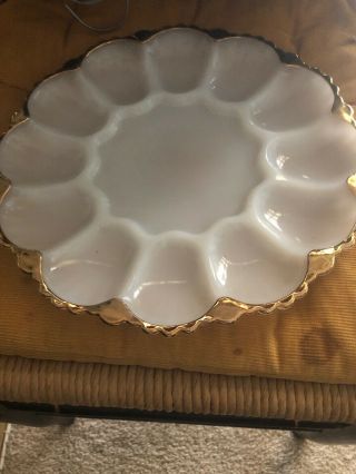 Deviled Egg Vintage Anchor Hocking White Milk Glass Dish Plate Platter Gold Rim