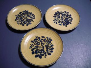 3 Pfaltzgraff Usa Folk Art Dinner Plates 10 " Blue Flowers On Tan