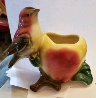 Vintage Royal Copley Apple And Bird Planter Fruit Branch Finch Vase