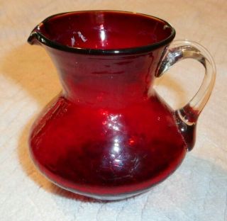 Vintage Blenko Ruby Red Crackle Pitcher With Applied Clear Handle