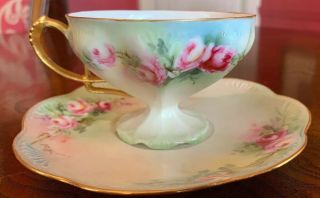 Vintage Unmarked Pedestal Teacup & Saucer Green W/ Pink Flowers