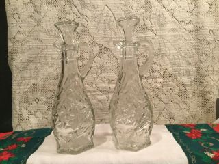 Vintage Pair Clear Cut Glass Cruet Oil And Vinegar Set With Glass Stoppers