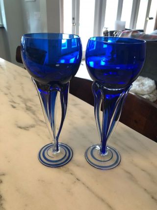 Vintage Cobalt Blue Wine Glass Twisted Stem