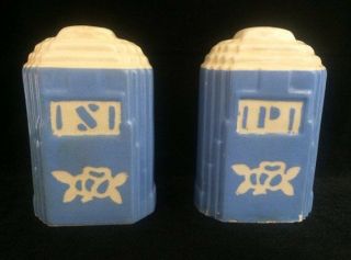 Vintage Harker Pottery Cameo Ware Blue And White Salt And Pepper Shakers