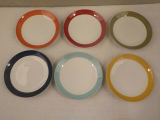 Set Of 6 Crate & Barrel White Porcelain Multi - Color Rimmed Party Plates Box